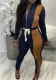 Fall Trendy Dark Blue Contrast Ziper Long Sleeve Top And High Waist Pants Two Piece Set