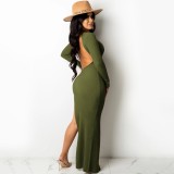 Fall Sexy Green Button Up Blackless Irregular Split Knitted Long Dress