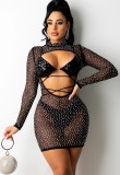 Fall Sexy Rhinestone Beaded See Through Long Sleeve Club Dress With Sequins Bra