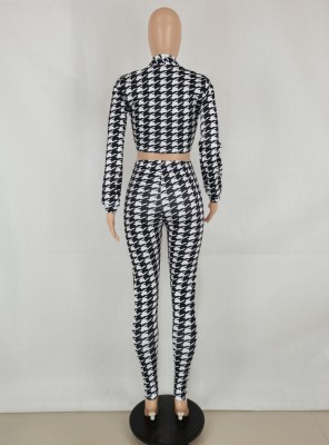 Fall Sexy White Plaid Tie-Wrap Long Sleeve Crop Top And High Waist Slim Pants Two Piece Set