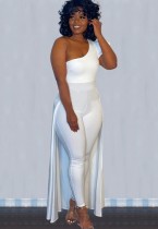 Fall Sexy White Ruffled One Shoulder Slim Jumpsuit With Hem