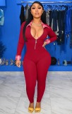 Fall Red Contrast Check Collar And Cuff Long Sleeve Jumpsuit