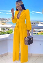 Fall Elegant Yellow Button Up Puff Sleeve Turndown Collar Loose Jumpsuit With Belt
