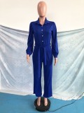 Fall Elegant Blue Button Up Puff Sleeve Turndown Collar Loose Jumpsuit With Belt