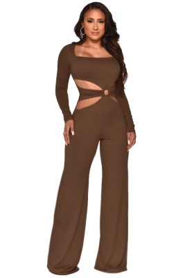 Fall Sexy Brown Hollow Out Long Sleeve Jumpsuit