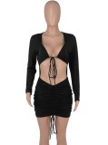 Fall Sexy Black Tie Up Long Sleeve Crop Top And Mini Dress Set