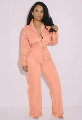 Fall Trendy Pink Turndown Collar Long Sleeve Blouse And Loose Pants Set