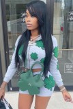 Fall Fashion Green Print Zipper Long Sleeve Crop Top And Shorts Set