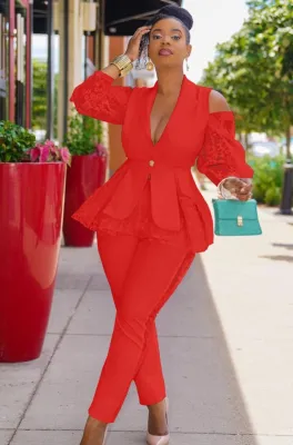 Fall Elegant Red Ruffles Lace Cut Out Shoulder Long Sleeve Blazer And Pant Set