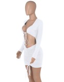 Fall Sexy White Tie Up Long Sleeve Crop Top And Mini Dress Set