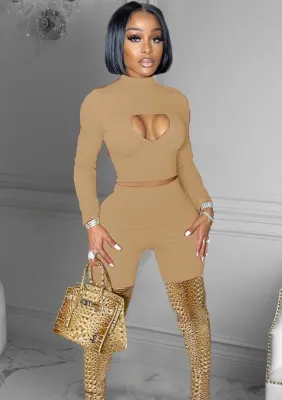 Fall Sexy Kahaki Hollow Out Long Sleeve Crop Top And Shorts Set