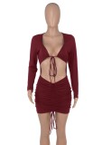 Fall Sexy Red Tie Up Long Sleeve Crop Top And Mini Dress Set