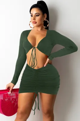 Fall Sexy Green Tie Up Long Sleeve Crop Top And Mini Dress Set
