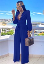 Fall Elegant Blue Button Up Puff Sleeve Turndown Collar Loose Jumpsuit With Belt