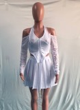 Fall Sexy White Halter Ruched Long Sleeve Zip Crop Top And Mini Pleated Skirt Set