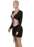 Fall Sexy Black Tie Up Long Sleeve Crop Top And Mini Dress Set