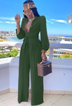 Fall Elegant Green Button Up Puff Sleeve Turndown Collar Loose Jumpsuit With Belt