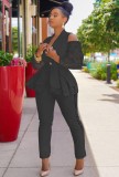 Fall Elegant Black Ruffles Lace Cut Out Shoulder Long Sleeve Blazer And Pant Set