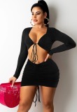 Fall Sexy Black Tie Up Long Sleeve Crop Top And Mini Dress Set