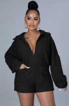 Fall Black Zipper With Pocket Long Sleeve Rompers