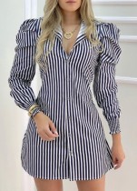 Fall Casual Stripes Button Up Puff Sleeve Mini Blouse Dress