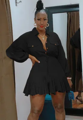 Fall Casual Black Button Up Turndown Collar Long Sleeve Drawstring Skater Dress