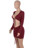 Fall Sexy Red Tie Up Long Sleeve Crop Top And Mini Dress Set