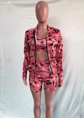 Fall Casual Pink Camou Crop Bra + Fitted High Waist Shorts+Zip Coat 3 Pcs Sportwear Set