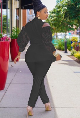 Fall Elegant Black Ruffles Lace Cut Out Shoulder Long Sleeve Blazer And Pant Set