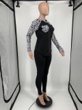 Fall Casual Black With Leopard Print Raglan Sleeve Top And Pant Set