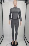 Fall Grey Zipper Collar Contast Long Sleeve Top And Pant Tracksuit