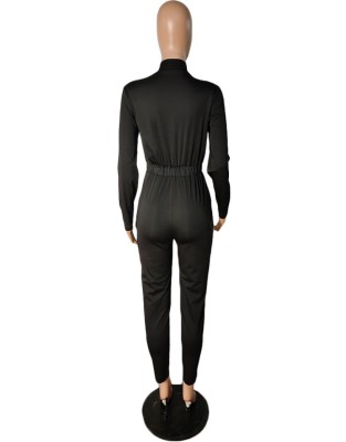 Fall Casual Black Zipper Drawstring Long Sleeve Jumpsuit