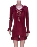 Sexy Red Velvet Plunge Lace-Up Neck Ruffled Long Sleeve Romper