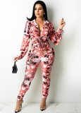 Fall Sexy Pink Floral Print Puff Sleeve Blouse and Matching pants Set