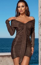 Fall Sexy Brown Off Shoulder Long Sleeve Ruched Mini Dress