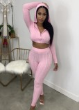 Fall Sexy Pink Long Sleeve Crop Top With Hood And Pant 2 Piece Set