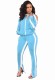 Fall Casual Sky Blue With White Piping Cut Out Long Sleeve Zipper Top And Pant Set