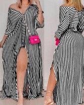 Fall Black Stripe Print Button-Open Long Sleeve Shirt Long Dress