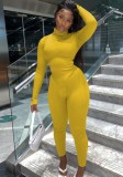 Fall Sexy Yellow High Neck Long Sleeve Irregular Top And Fitted Pants Set