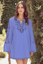 Fall Purple Kaftan Flower Print Neckline And Cuff Long Sleeve Blouse