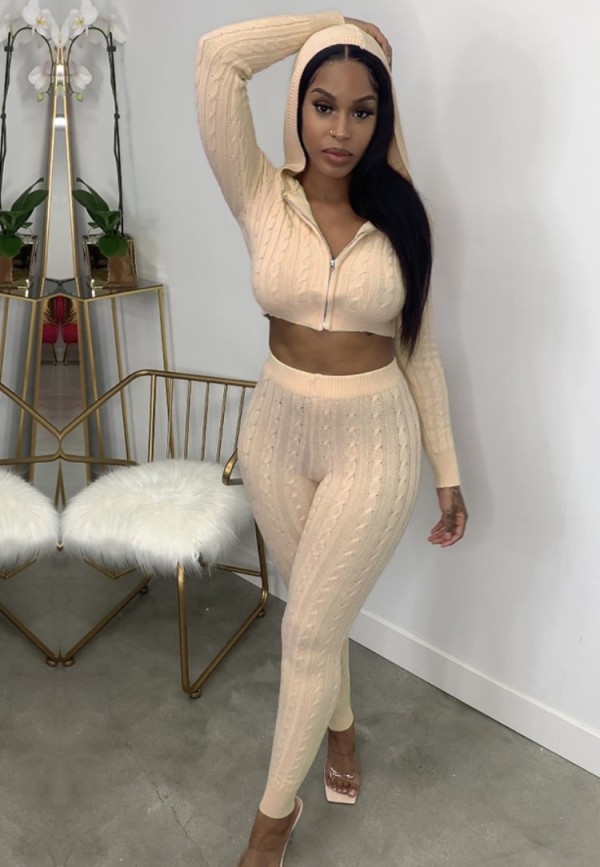 Fall Sexy Kahaki Long Sleeve Crop Top With Hood And Pant 2 Piece Set