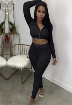 Fall Sexy Black Long Sleeve Crop Top With Hood And Pant 2 Piece Set