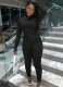 Fall Sexy Black High Neck Long Sleeve Irregular Top And Fitted Pants Set