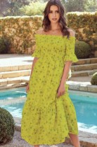 Summer Green Print Flowers Off Shoulder Short Sleeve Long Dress