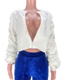 Fall Casual White Ruched Puff Sleeve Crop Jacket
