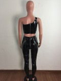 Fall Sexy Black One Shoulder Sleeveless PU Leather Crop Top and Matching High Waist Zipper Pants Set