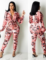 Fall Sexy Pink Floral Print Puff Sleeve Blouse and Matching pants Set