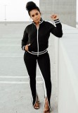 Fall Casual Black With White Piping Cut Out Long Sleeve Zipper Top And Pant Set