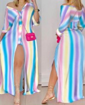 Fall Colorful Stripe Print Button-Open Long Sleeve Shirt Long Dress