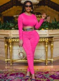 Fall Sexy Pink Wrinkles Long Sleeve Crop Top And Pant 2 Piece Set